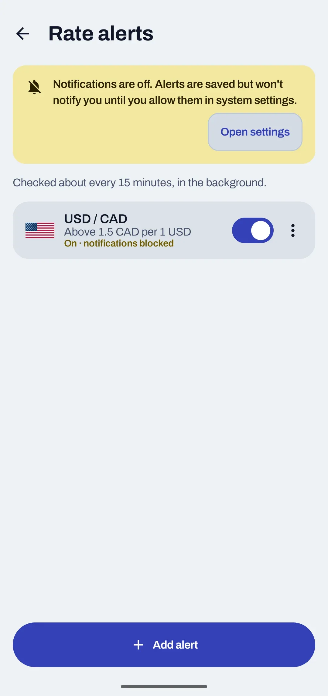 The Rate alerts screen with one alert for US dollars to Canadian dollars.