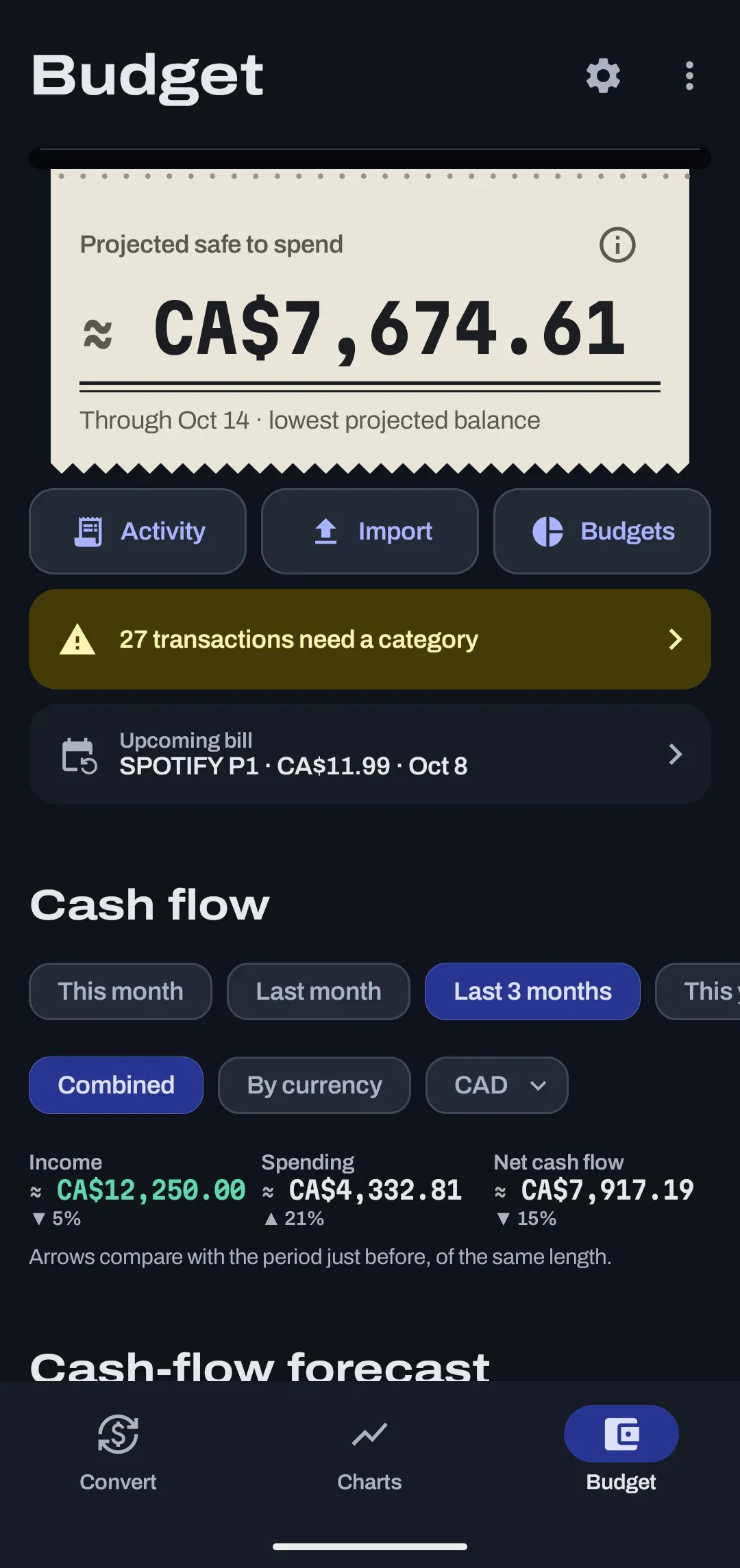 The Budget screen of the Android app: a paper receipt shows a projected safe-to-spend amount, with shortcuts to Activity, Import and Budgets below.