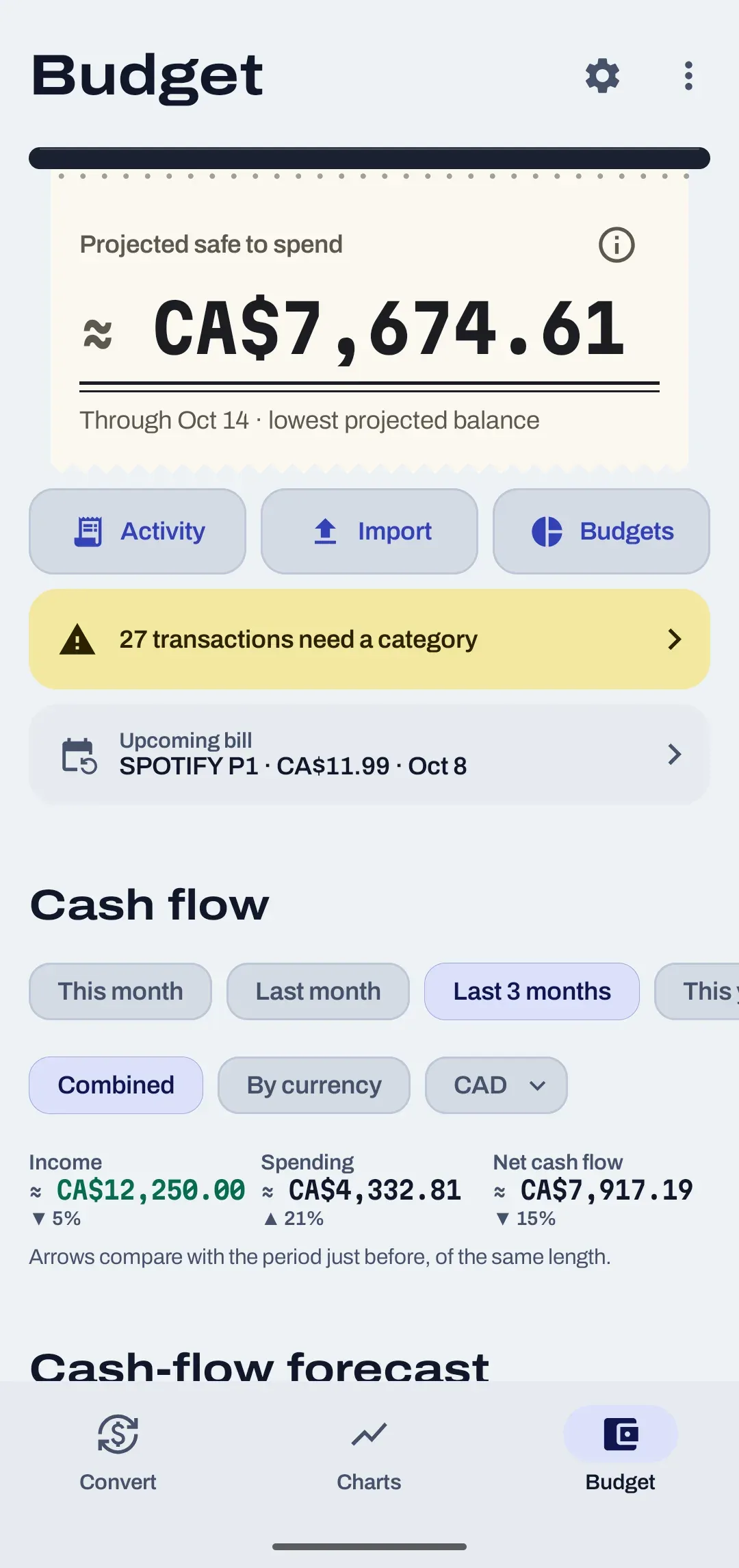 The Budget screen of the Android app: a paper receipt shows a projected safe-to-spend amount, with shortcuts to Activity, Import and Budgets below.