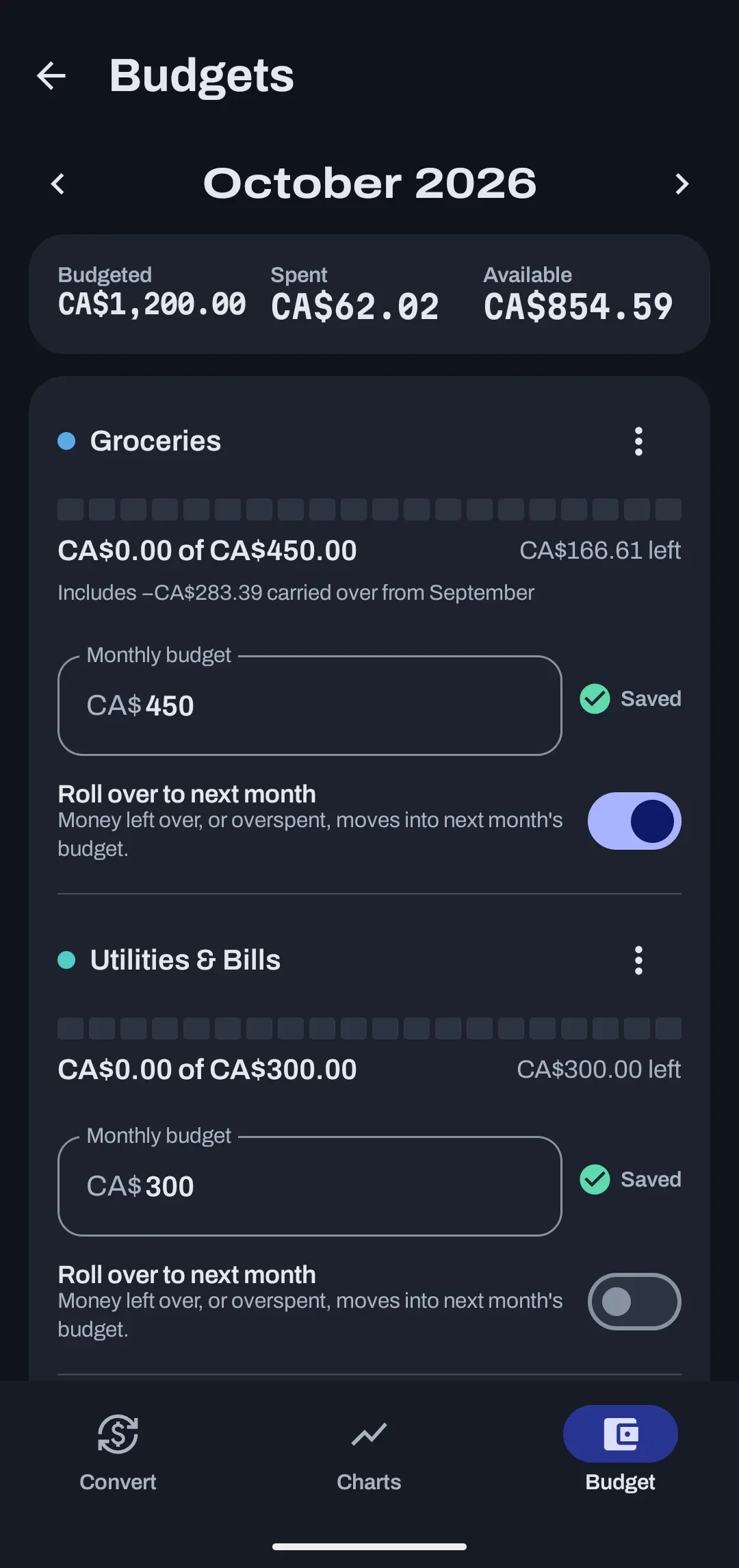 The Budgets screen for October 2026 with monthly targets and a rollover switch per category.