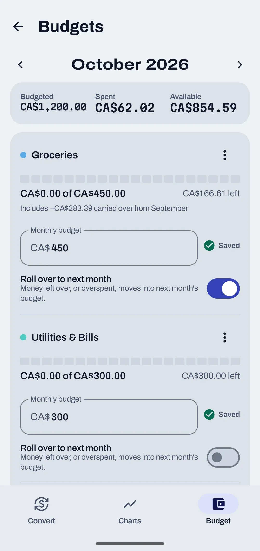 The Budgets screen for October 2026 with monthly targets and a rollover switch per category.