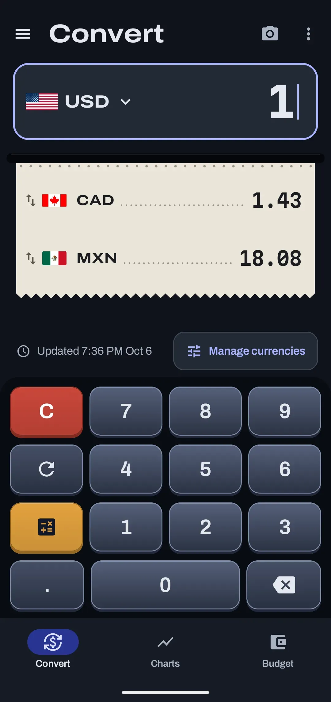 The Convert screen: an amount in US dollars, converted lines for Canadian dollars and Mexican pesos on a paper tape, and a calculator keypad.
