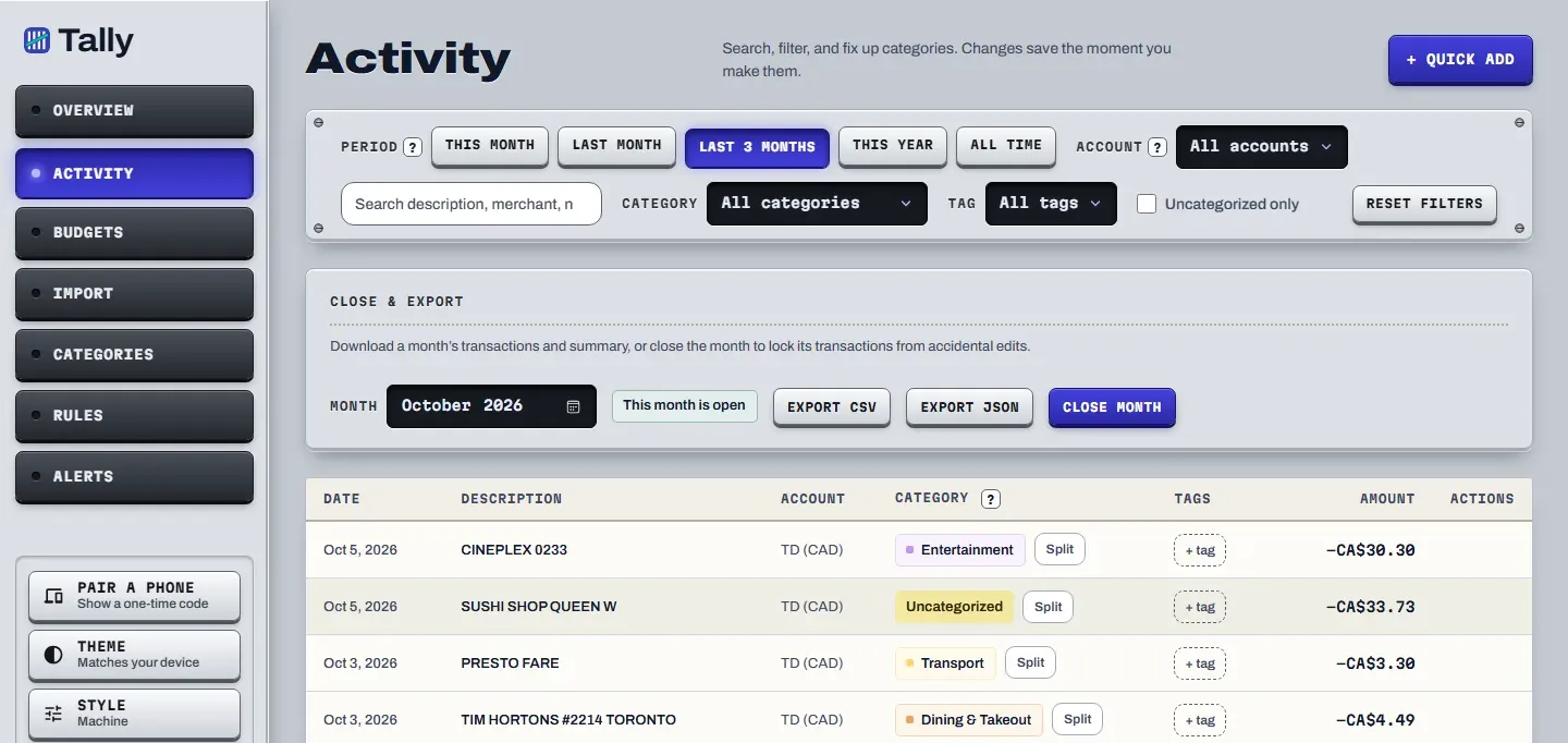 The Activity page with period and category filters, export buttons and a list of transactions with category chips.