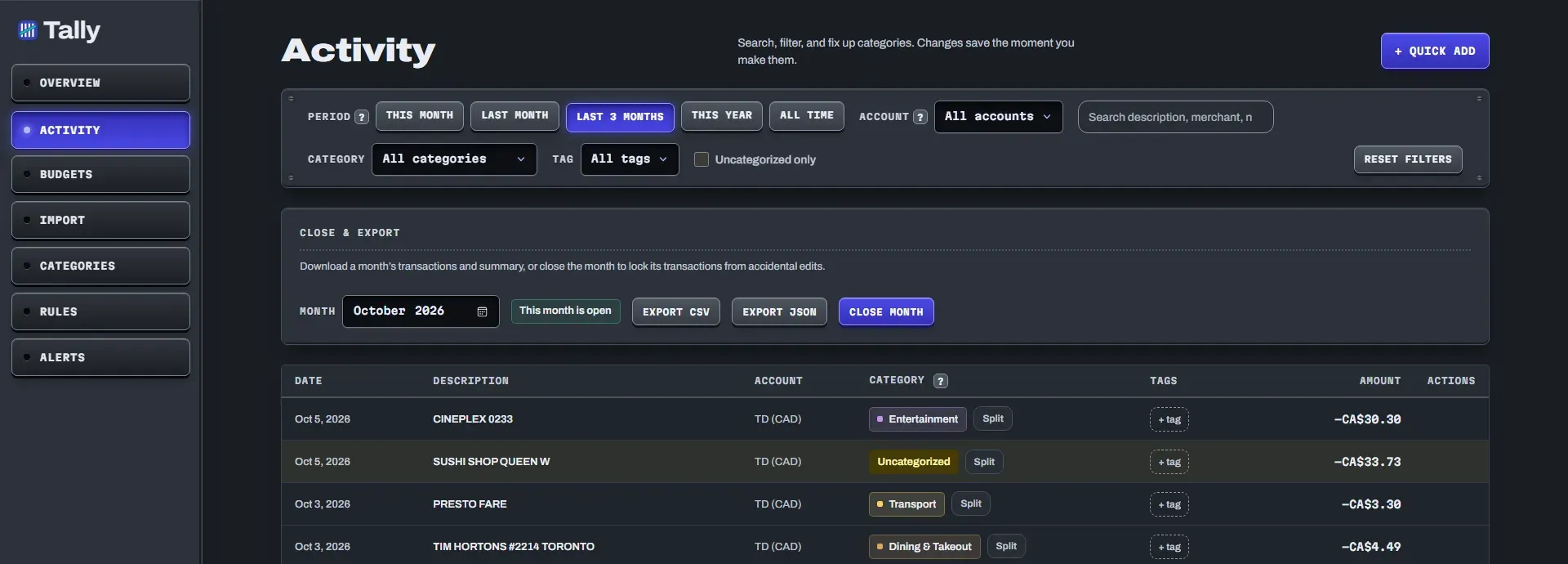 The Activity page with period and category filters, export buttons and a list of transactions with category chips.