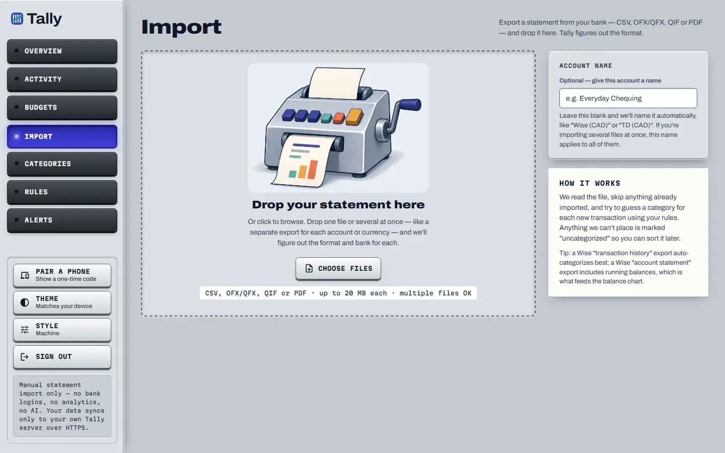 The Import page with a drop area for statement files (CSV, OFX, QFX, QIF or PDF) and an account name box.
