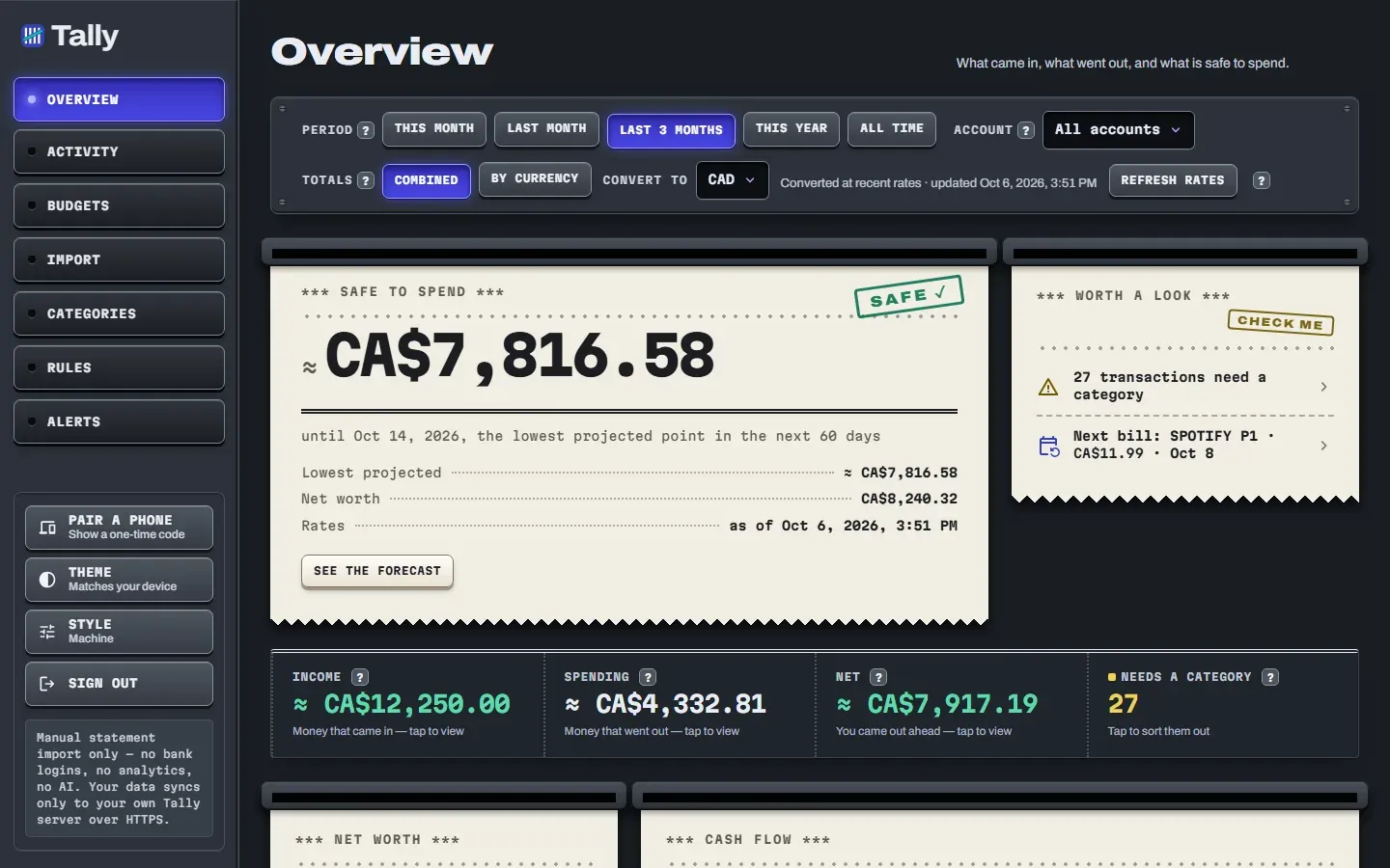 The Overview of the web app: a receipt-style card with the projected safe-to-spend amount, a Worth a look note and income, spending and net totals.