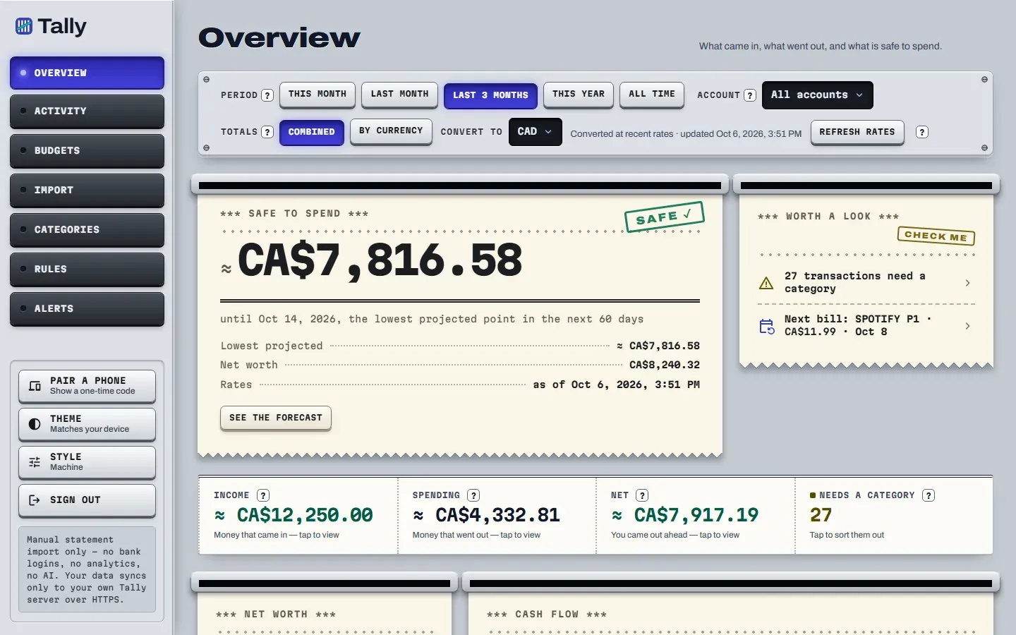 The Overview of the web app: a receipt-style card with the projected safe-to-spend amount, a Worth a look note and income, spending and net totals.