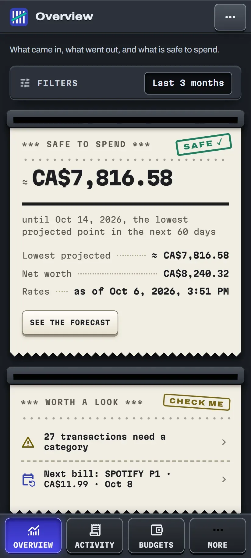 The Overview of the web app on a phone: a Safe to spend receipt with a SAFE stamp, and a Worth a look note below.