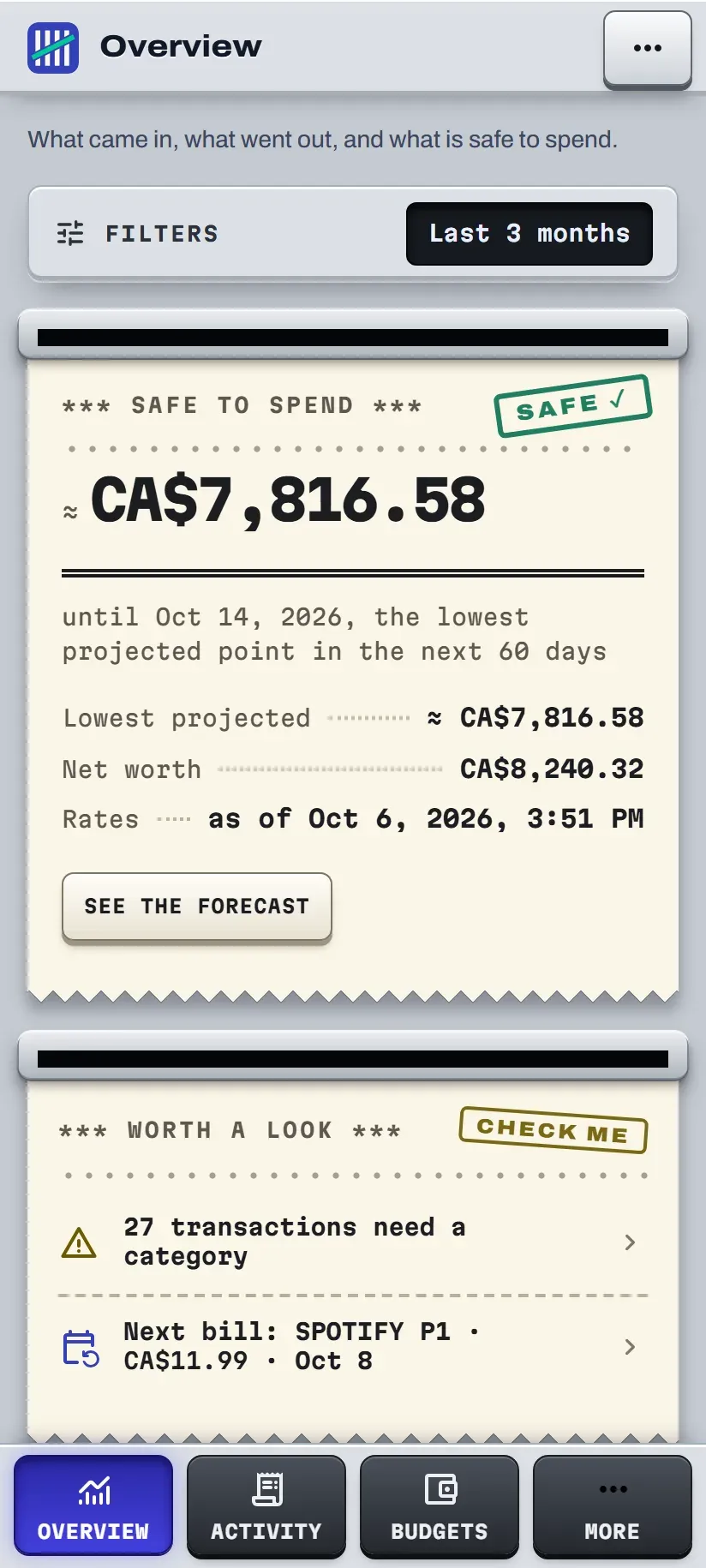 The Overview of the web app on a phone: a Safe to spend receipt with a SAFE stamp, and a Worth a look note below.