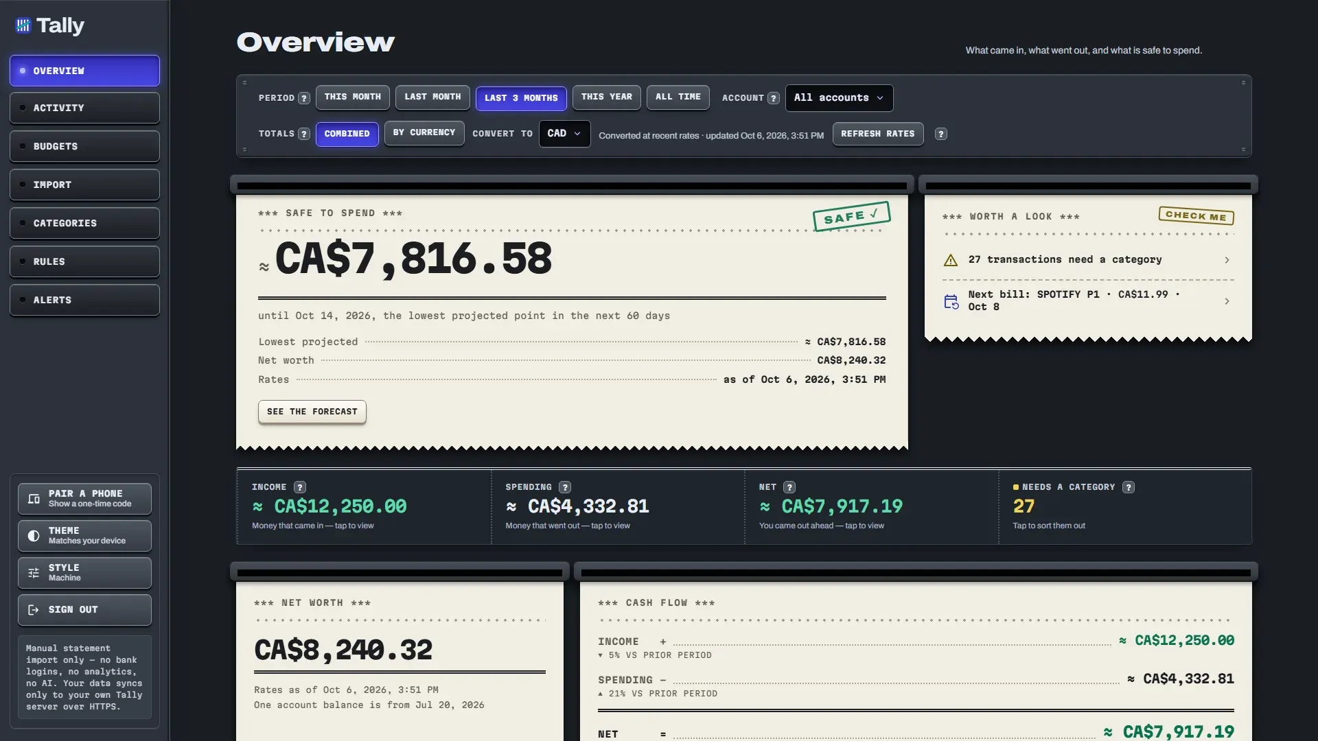 Tally Overview on a wide screen in dark theme, showing safe to spend, net worth and a cash flow receipt.